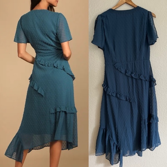 NWOT Next to You Slate Blue Swiss Dot Ruffled Midi Dress - Picture 4 of 9